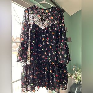 Drop waist chiffon dress with built in slip dress- black with floral print.